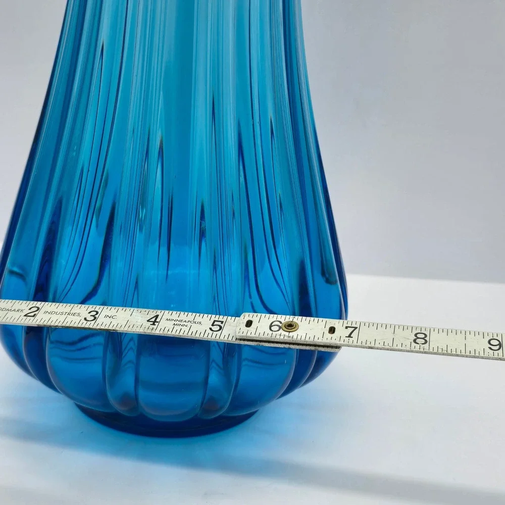 Vintage MCM‎ LE Smith Crystal Blue Swung Glass Ribbed Floor Vase 18 Inch